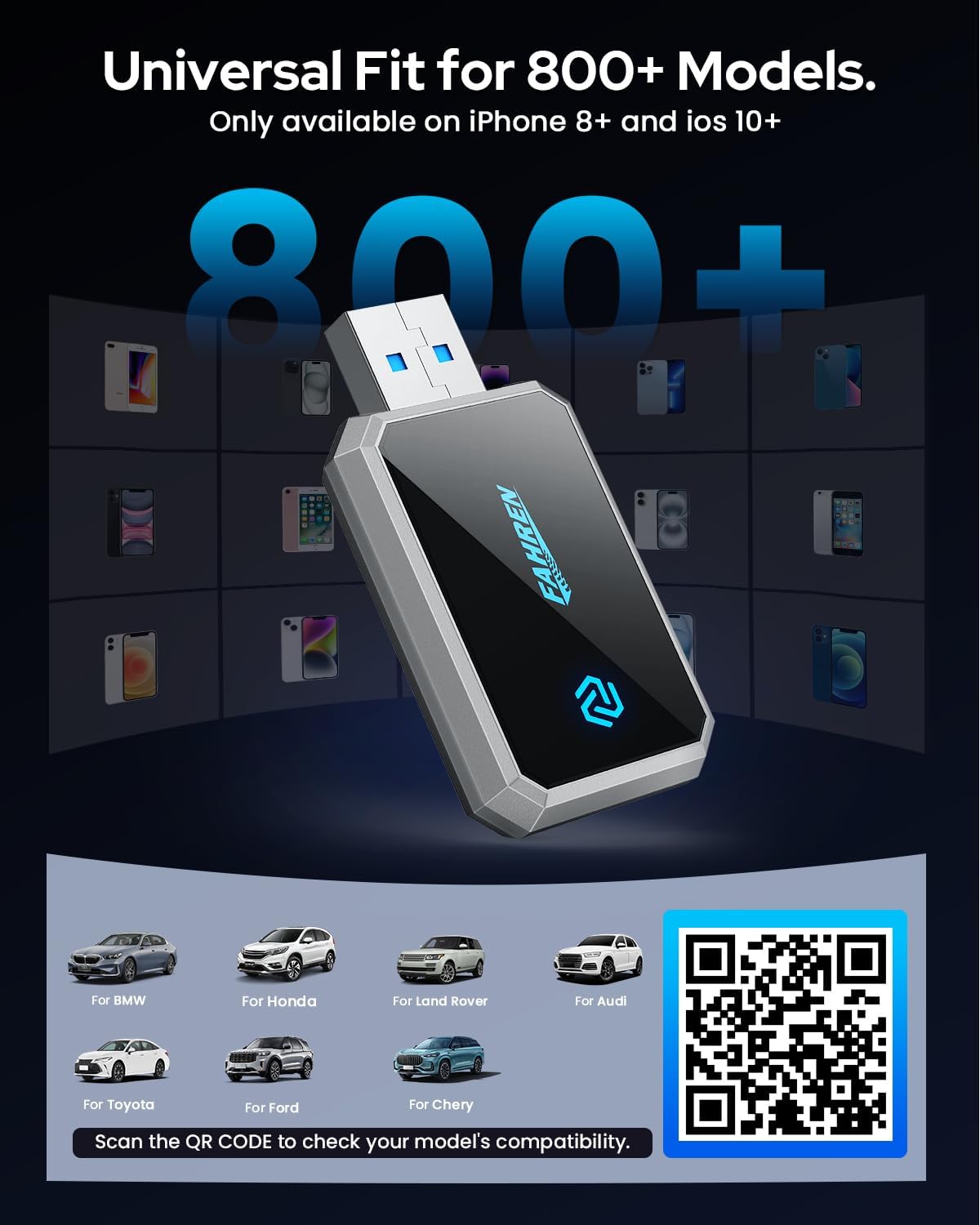 FAHREN Mini Wireless CarPlay Adapter,Bluetooth & WiFi Connection,Plug-N-Play,No Lag for Navigation,Compatible with iOS 10+ & Car 2016+,USB-A Extension Cable & Type-C Adapter.