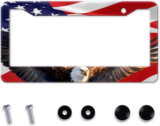 Eagle American Flag License Plate Frame, US Flag Car Tag Frame Holder Covers, Metal Aluminum Rustproof Car Accessories for Men Women 2 Holes with Screws