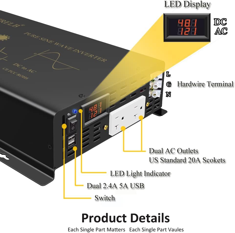 WZRELB 3000W Pure Sine Wave Power Inverter 48VDC to 120VAC 6000W Peak Dual AC Outlets 2× 2.4A USB Port &Hardwire Terminal Off-Grid Solar Converter RV Trucks (U5-300048)