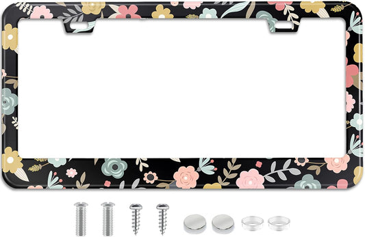 Black Cute Cartoon Floral License Plate Frame Colorful Flowers Stainless Steel License Plate Holder Auto Parts Decoration with Screws License Plate Holder 12x6 Inch for Women Gift Car Accessories