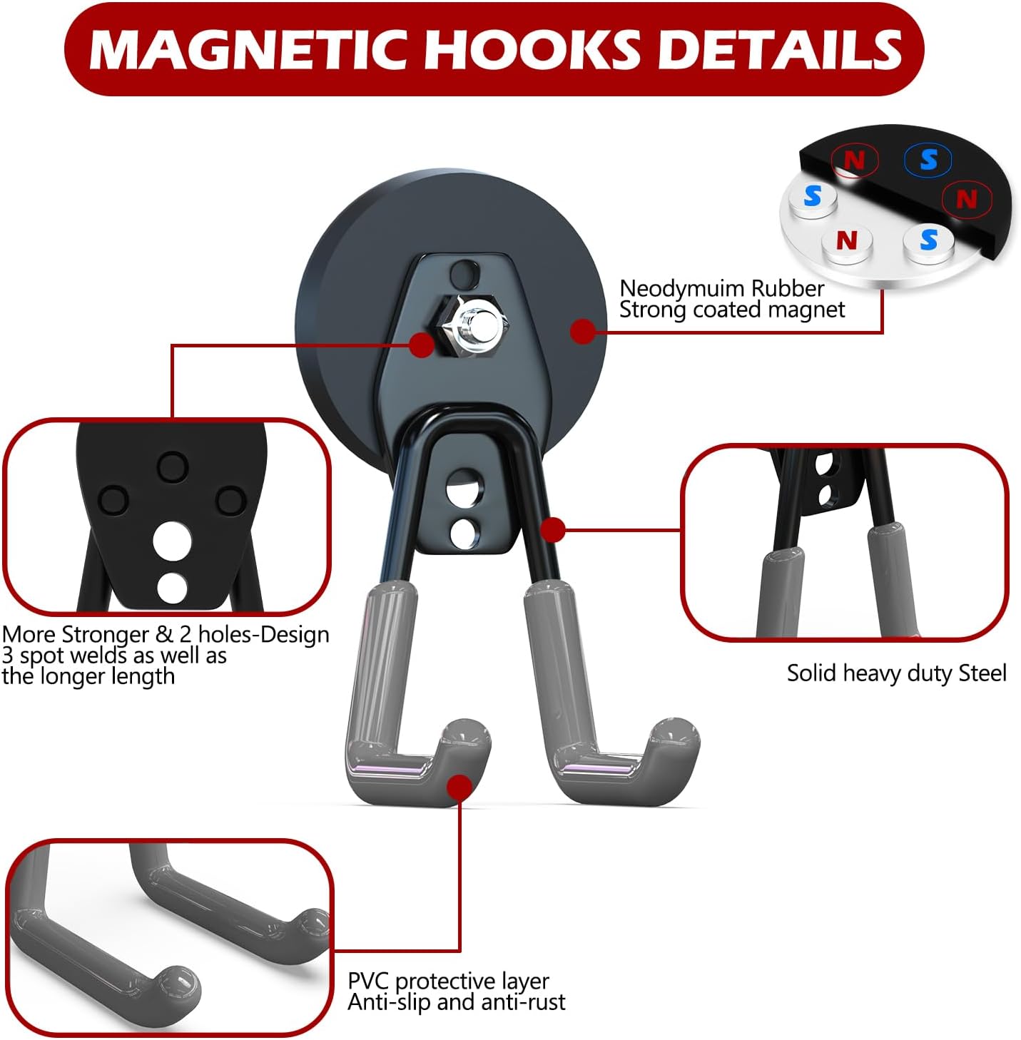 3-H Heavy Duty Magnet Garage Hooks 4 Pack, Large Strong Magnetic Hooks for Hanging Cordless Power Drill, Utility Magnetic Tool Holder for Metal Cabinet, Steel Pegboard, Toolbox, Garage(Grey)