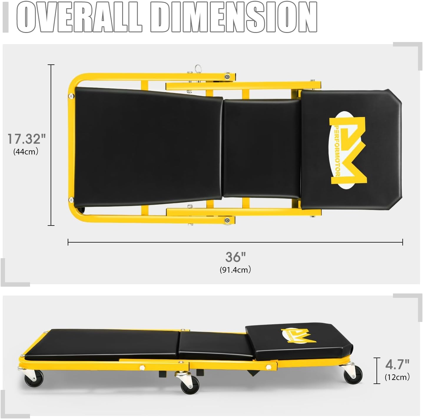 PM PERFORMOTOR 36 Inches Folding 2 in 1 Rolling Z Creeper, Adjustable Roller Garage Chair Lay Down or Sit, 6 Pcs 2" Casters, 150kg Weight Capacity, Yellow,PM-TOL-CPS36-YL
