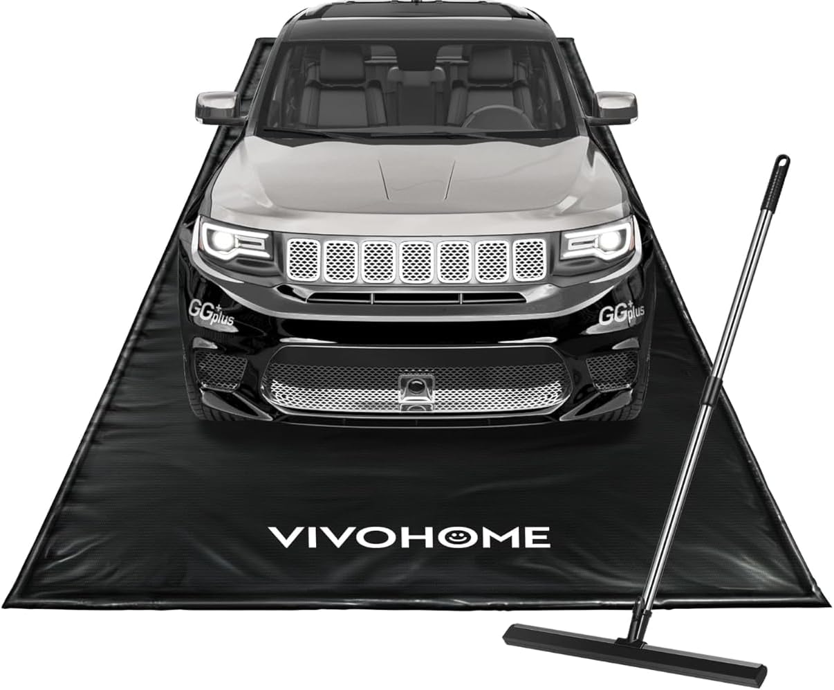 VIVOHOME Containment Mat (7'9" x 16') with Stay Put Corner, PVC Garage Mats for Floor, Heavy Duty Garage Parking Mat with a Squeegee