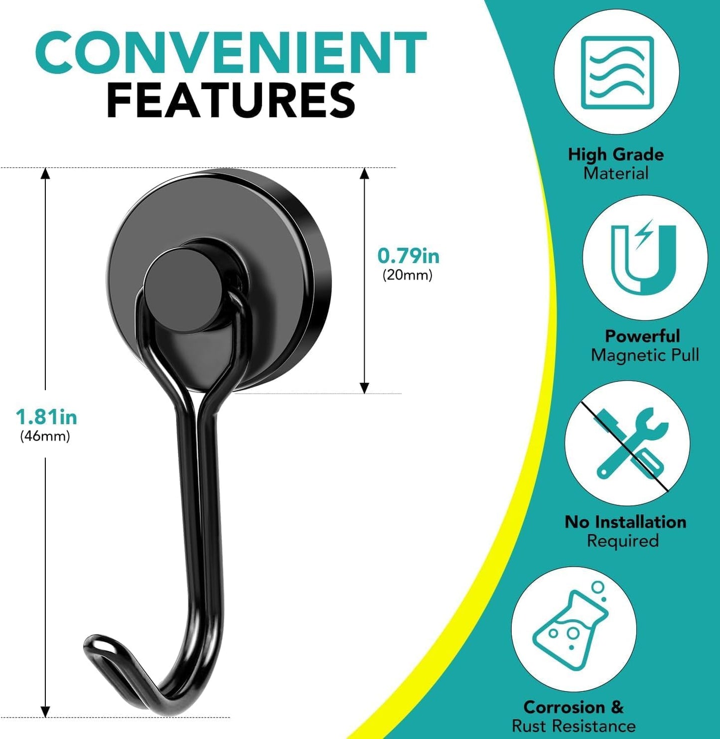 DIYMAG Black Magnetic Hooks, 80LBS Strong Magnetics Heavy Duty, Magnet Hook with Metal Hanger for Hanging Refrigerator Home Kitchen Office, 16Pack