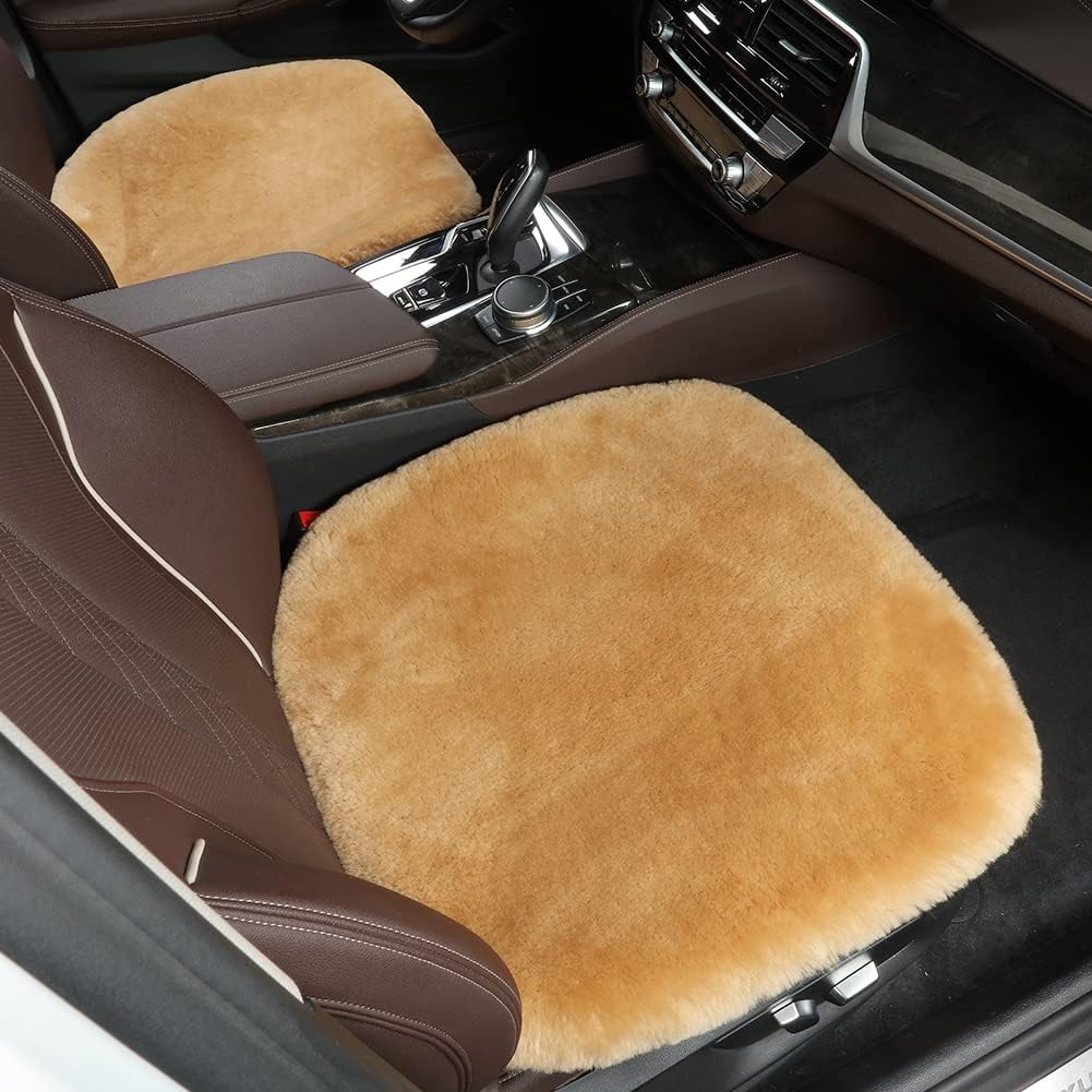LLB Genuine Sheepskin Car Seat Cushion Seat Covers for Cars Trucks SUV Comfort Seat Protector Pad for Car Driver Seat Car Accessories for Women Office Chair Car Decor (Khaki, Front Seat Cushion-1 Pc)