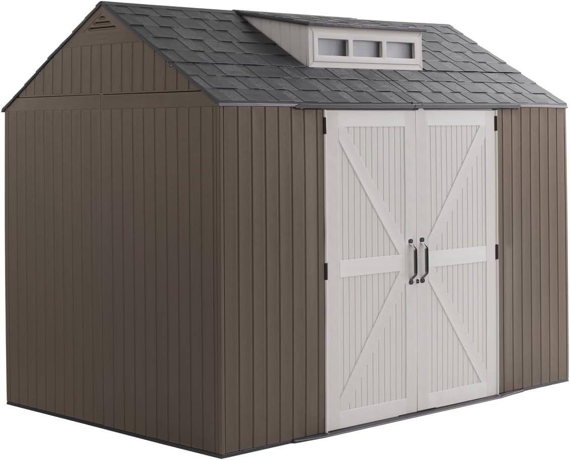 Rubbermaid Extra Large Resin Outdoor Storage Shed With Floor (7 x 10.5 Ft.) Weather Resistant Brown Organization for Home/Lawn Mower/Backyard Equipment/Bike Storage/Pool Supplies