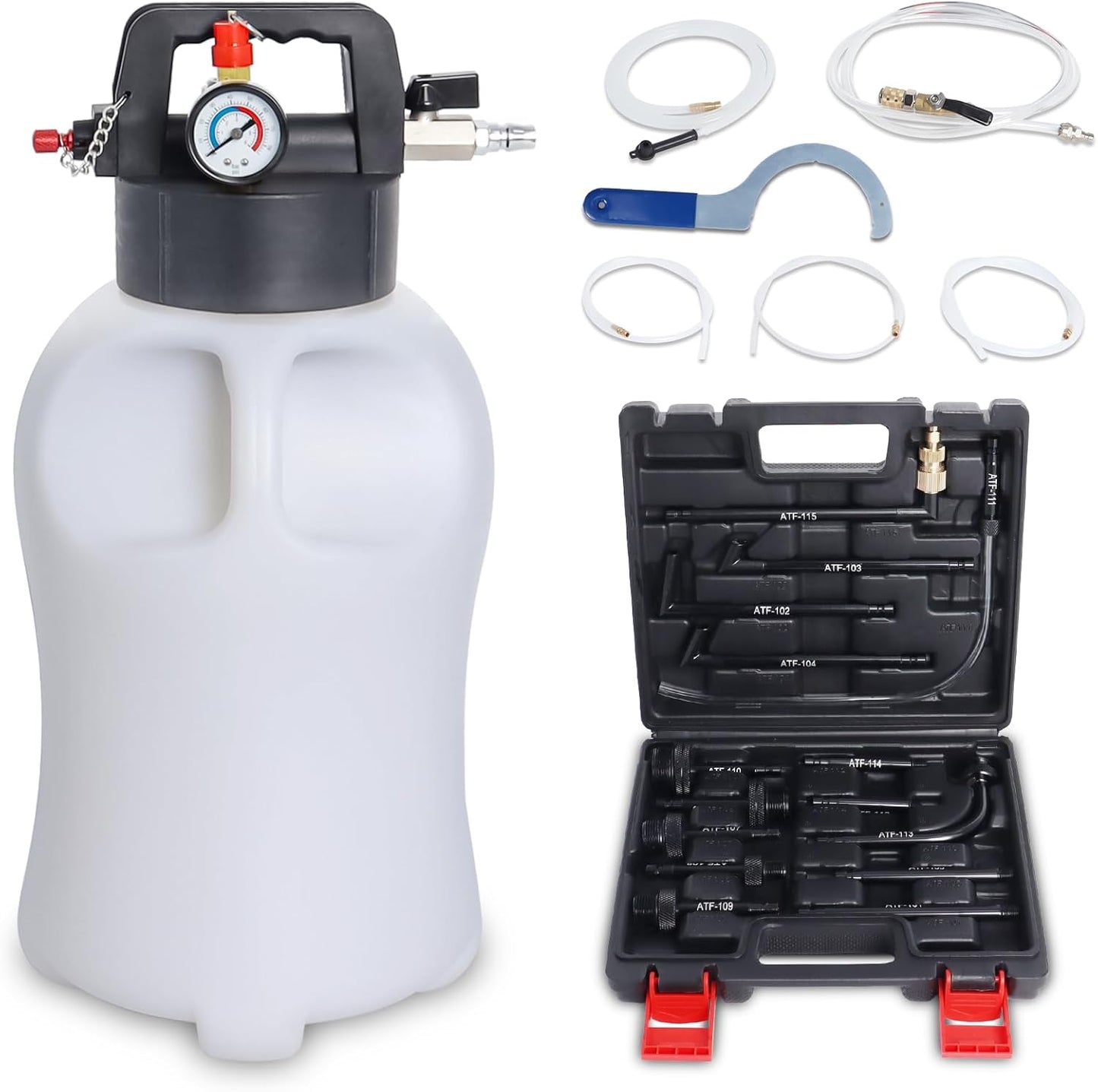 Transmission Fluid Pump Pneumatic Extractor and Dispenser Tool Kit, 8L ATF Fill and Evacuator Oil Can Set with 15PCS ATF Adapters 3PCS 1M Transmission Oil Hose for Garage and Shop Fluid Transfer