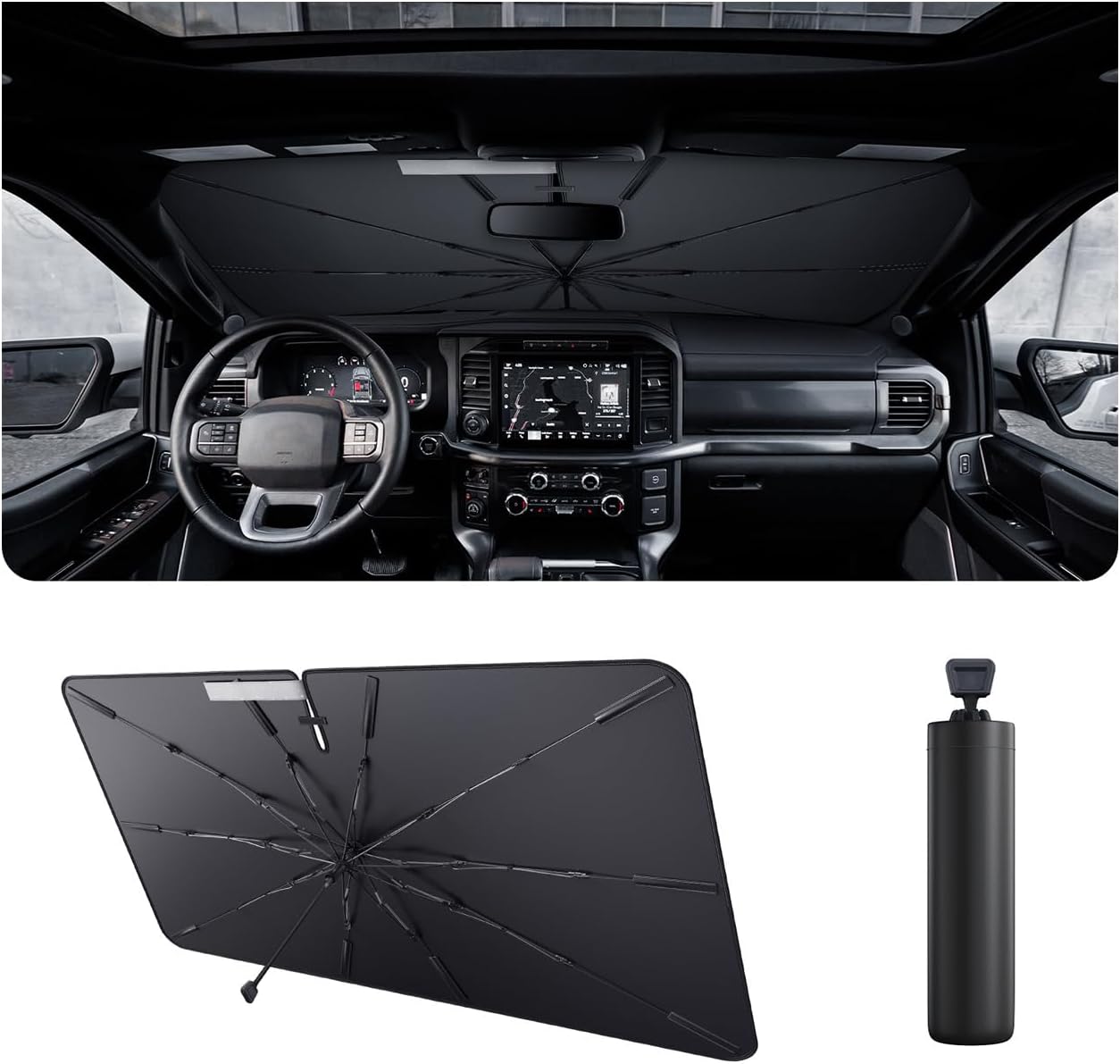 2025 Upgrade Car Windshield Sun Shade Windshield Sunshade Umbrella [Star Fabric] Protect Car from Sun Rays&Heat Damage Keeps Vehicle Cool, Spring Structure Edge Fits Sedans,SUVs,Trucks,Hatchbacks (M3)