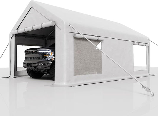 13 x 25ft Heavy-Duty Carport Canopy with Roll-Up Windows & DoorsThickened Wind Ropes, Ground Nails, Portable Car Tent Garage for Cars, Trucks, Boats, 200G Durable Tarp Cover,White