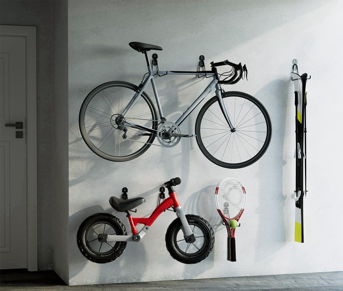 Garage Hooks, Large 2-Pack Shed Storage Hanger 11.8" Long Heavy Duty Wall Mount Double Holder with 2 Extension Cord Storage Straps, Organize Yard Utility Garden Tool Hanging Ladder Black