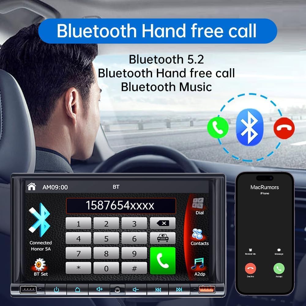 7" Wireless Double 2 Din Car Stereo Apple Carplay Radio Screen for Car Audio Receivers, Bluetooth Car Play Android Auto Touchscreen Head Unit,RCA Outputs, Backup Camera, SWC, FM/AM