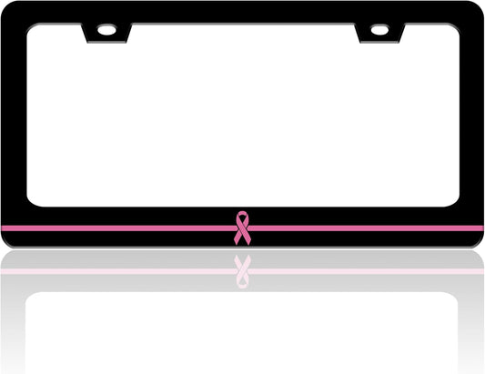 Breast Cancer Awareness License Plate Frame Pink Ribbon License Plate Holder for Front or Rear Car Tags Stainless Steel Funny Car Decoration with Screws 6.3 X 12.2 in