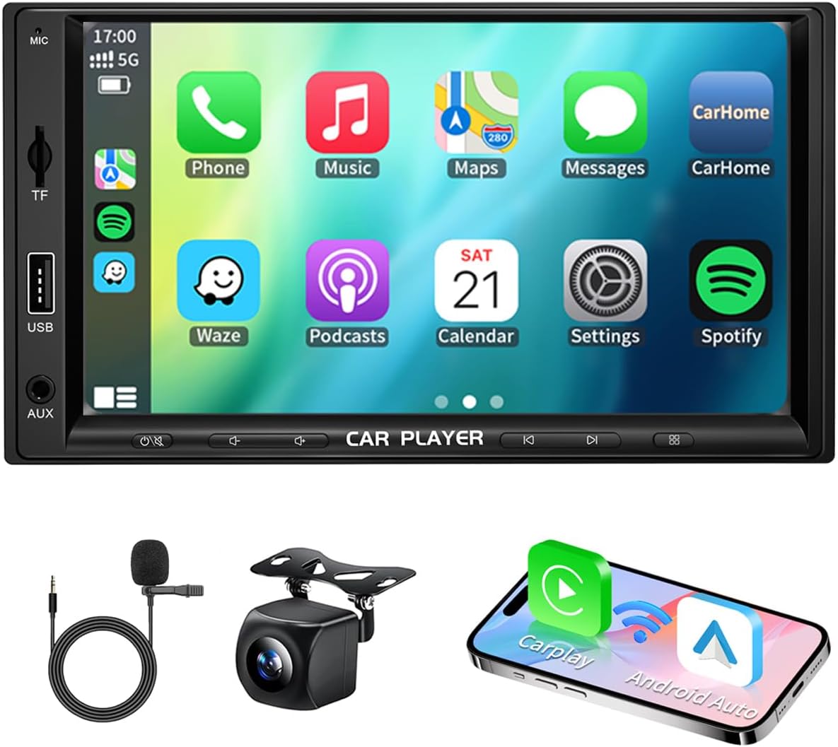 7 Inch Double Din Car Stereo with Wireless Apple Carplay & Android Auto Navi Radio Head Unit with Touch Screen Bluetooth AM/FM Receiver/Mirror Link/Backup Camera/TF/AUX/USB Input