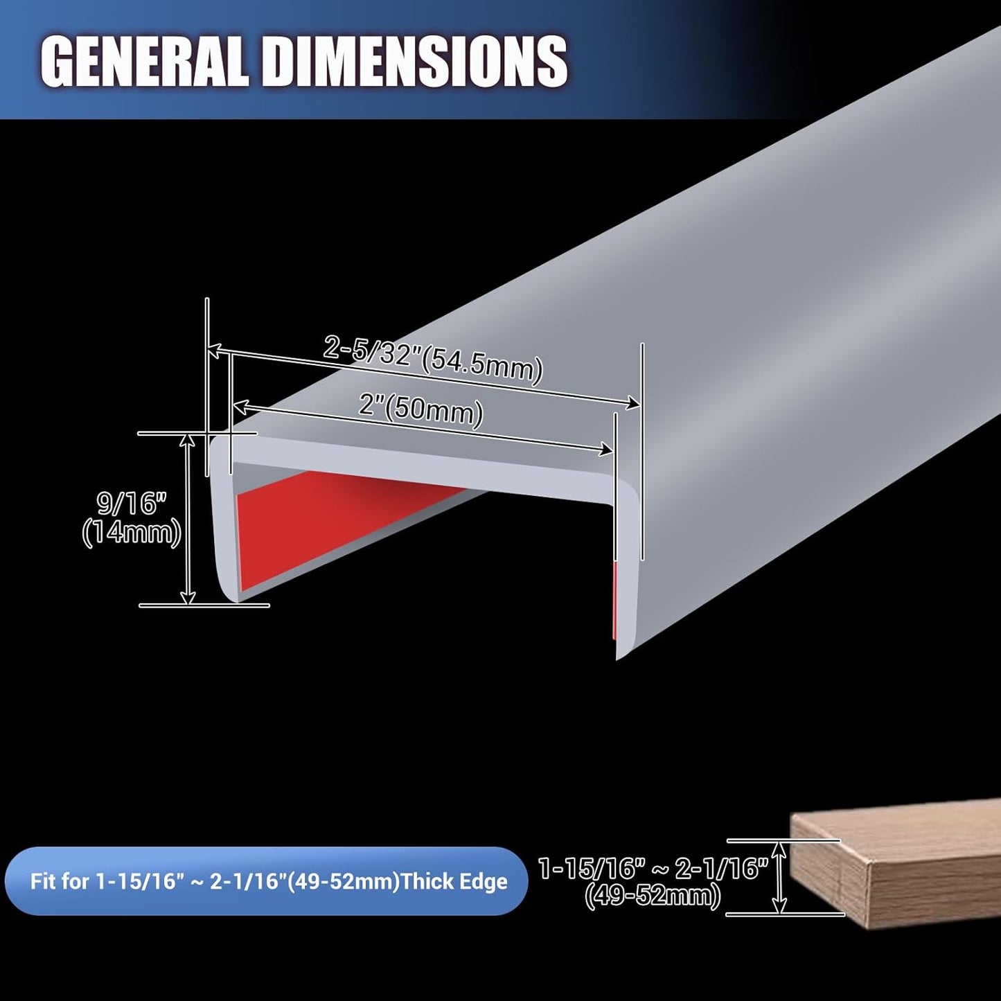 Rubber Edge Trim, Flexible Self Adhesive U Shaped Peel and Stick Edge Banding, 2"(50mm) U Channel Edge Protector, Edge Guards for Woods, Furniture, 20Ft, Grey Color