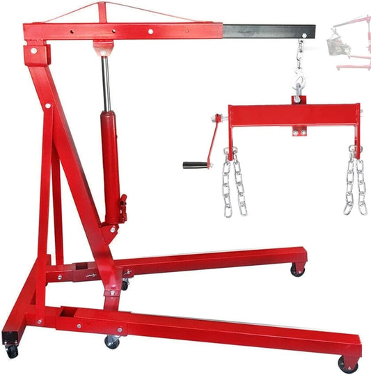 Engine Hoist 2 TON Folding Hydraulic Engine Motor Hoist with Load Leveler Lever, Cherry Picker Shop Cranes Lift Red Shop Crane 4000 lb (Engine Stand+Load Leveler)