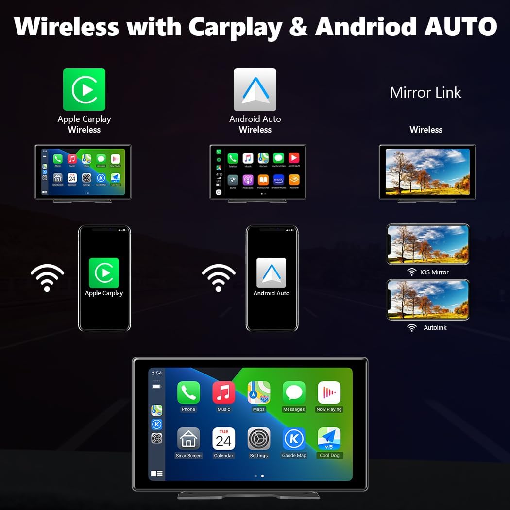 9inch Portable Carplay Screen for Car, Wireless Apple Carplay & Android Auto with 4K Dash Cam,1080p Backup Camera,Car Audio Receivers, GPS Navigation, SuperLink,FM, Music Player