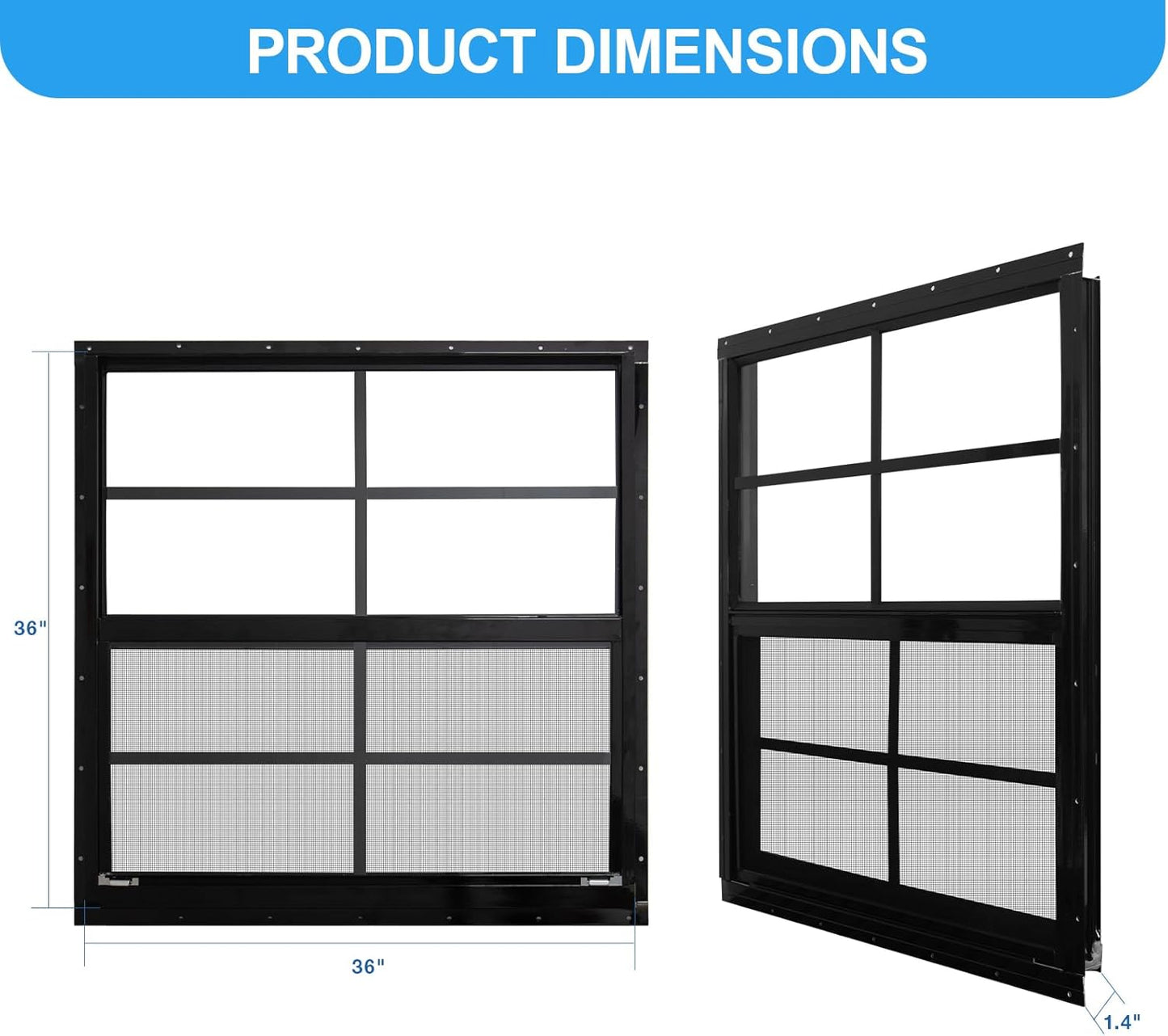 NeatiEase Upgraded Shed Windows 2 Pack, 36" x 36" Windows with Tempered Glass and Stainless Steel Screen for Shed, Chicken Coop, Playhouse, Household, Garage(Black)