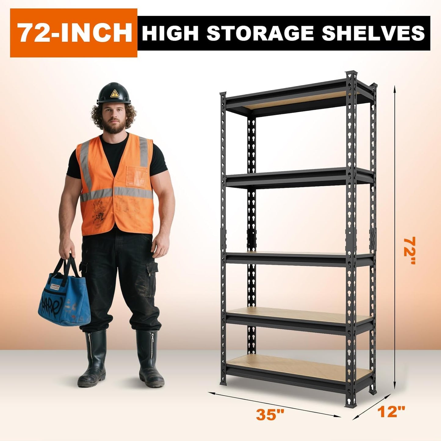BIG RED Storage Shelving Unit, 5-Tier Adjustable, Heavy Duty Metal Garage Shelves/Utility Rack for Kitchen, Pantry, Basement, Bathroom, Laundry - 2,000 lbs Capacity, Black, 72" H x 35" W x 12" D