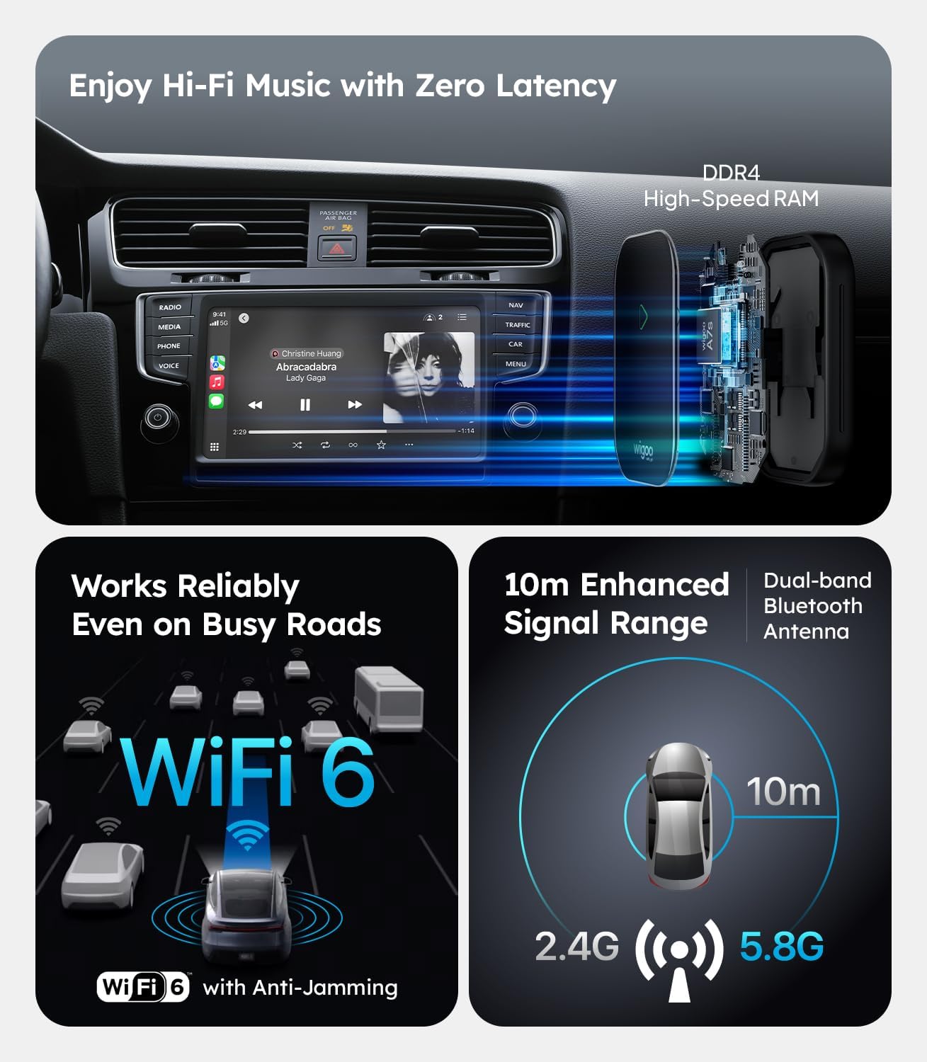 Wigoo 2025 Upgrade Wireless CarPlay Adapter for iPhone [Long-Drive Stability, 10s Connect, Easy Use] Converts Wired to Wireless, Low Delay CarPlay Dongle, Fit for Cars with Wired CarPlay, Black