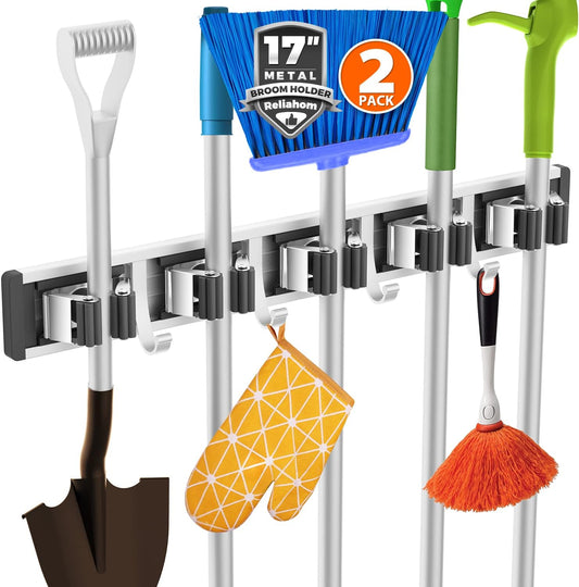2 Pack Broom Holder Wall Mount Mop and Broom Hanger Wall Mounted Garage Storage Rack Kitchen Garden Tool Organizer (5 Racks with 4 Hooks, Black)