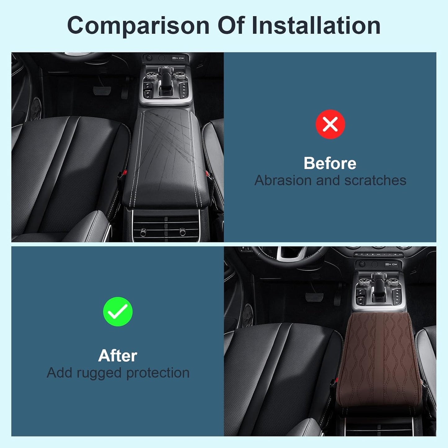 Memory Foam Car Armrest Cushion - Premium Leather Armrest Cover for Car, Comfortable Protection, Universal Fit Center Console Cover for Car, SUV, Sedan, Easy Installation (Brown)