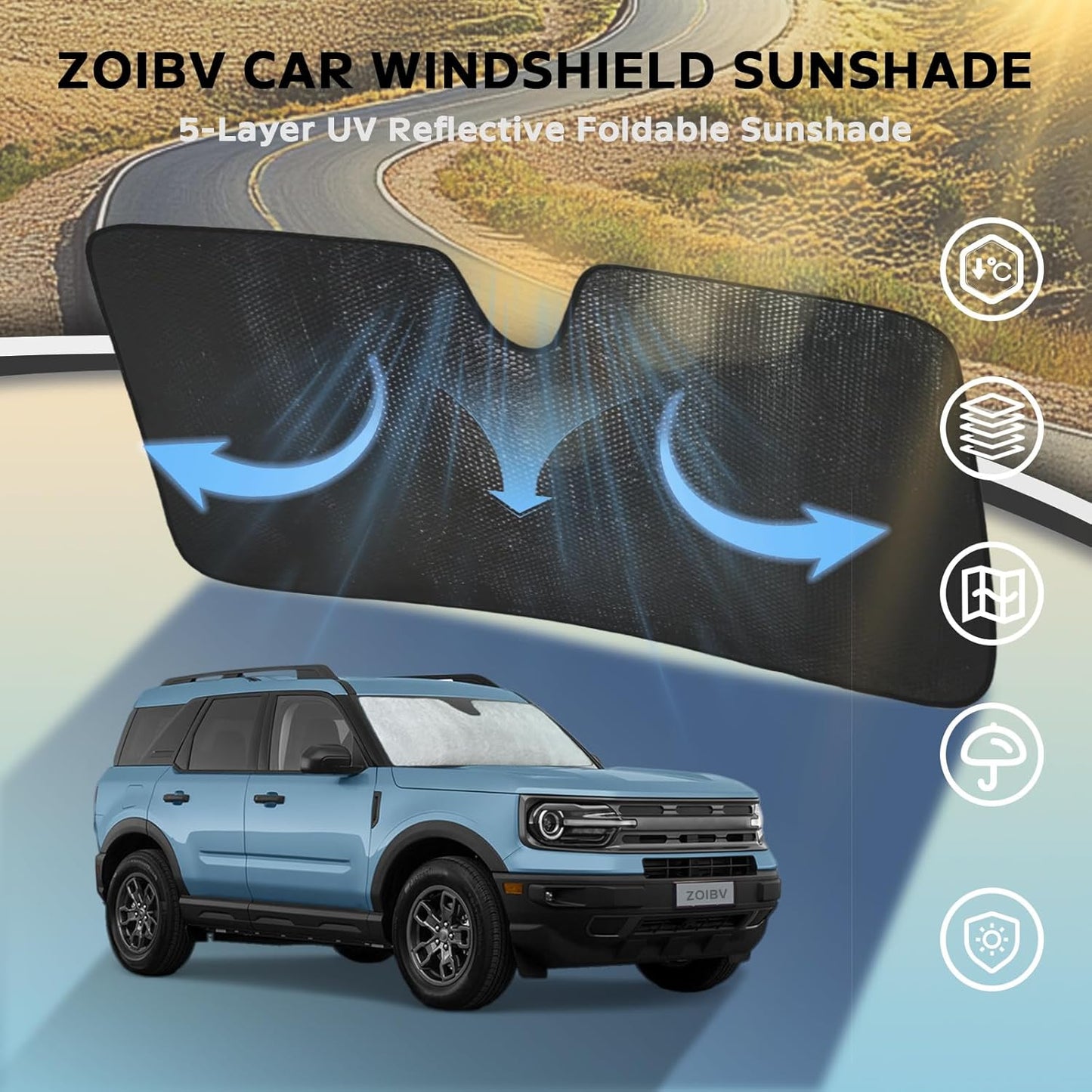 Windshield Sun Shade for Ford Bronco Sport 2021-2025 - 5-Layer Bubble Foldable Front Window Shade Sun Visor Accessories - Blocks Heat & UV Rays (Only Fit Bronco Sport)