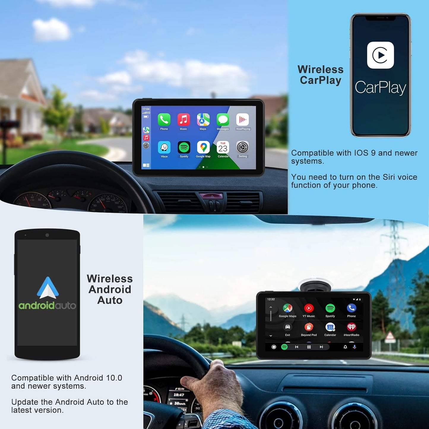 Compatible Wireless Apple CarPlay Android Auto Car Screen, 7 Inch HD Bluetooth Screen Protable Car Stereo Naivgation Music Video Player Mirrorring, Siri, AirPlay, AUX, Voice Assistant