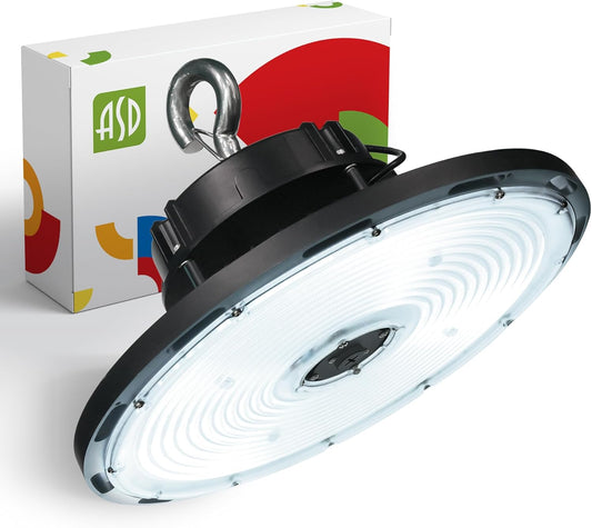 ASD LED High Bay UFO Light Fixture, Commercial Shop Lighting | Dimmable, IP69K Waterproof, DLC Premium, UL Listed | 500W 71400LM 5000K 100-277V | Warehouse, Garage, Workshop Lamp | Black