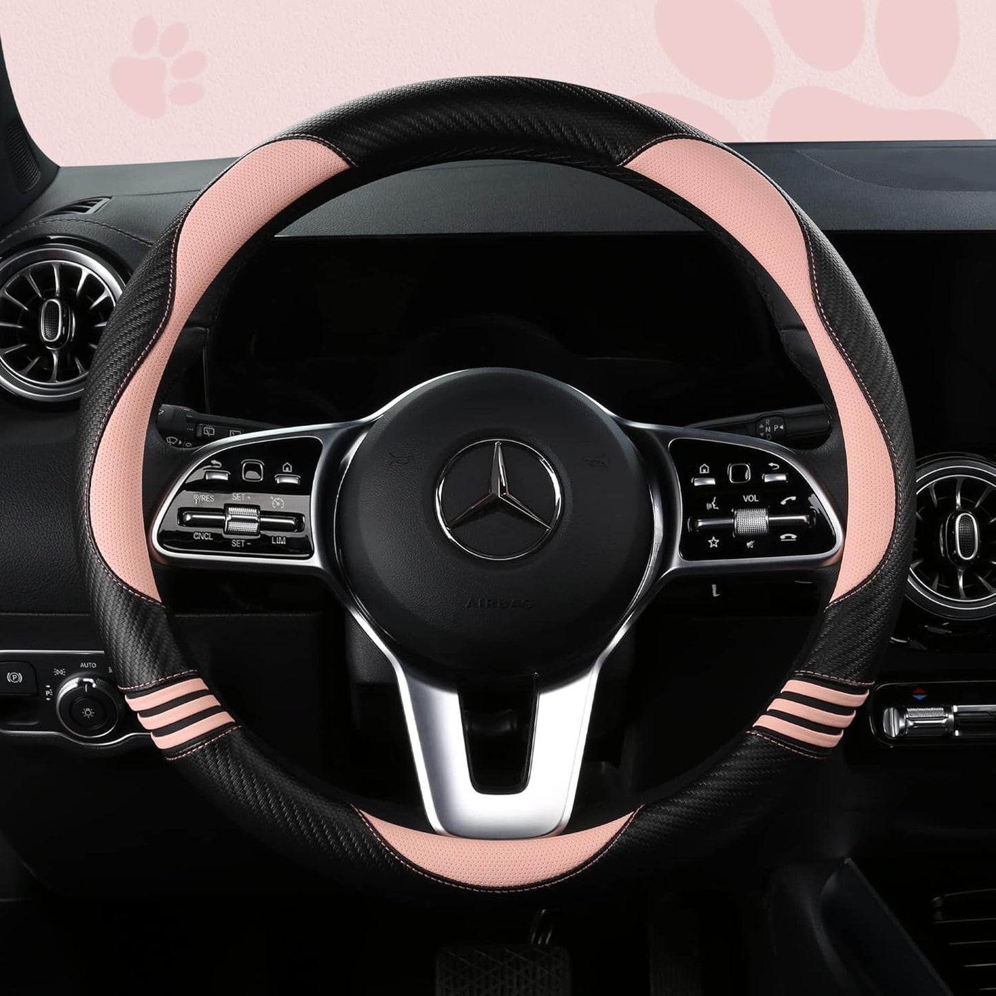 Car Steering Wheel Covers for Women Padded Carbon Fiber PU Leather Cute Auto Interior Accessories for Vehicle, Sedan, Universal, Anti Slip, Pink, Standard Size 14.5-15"(37-38cm)