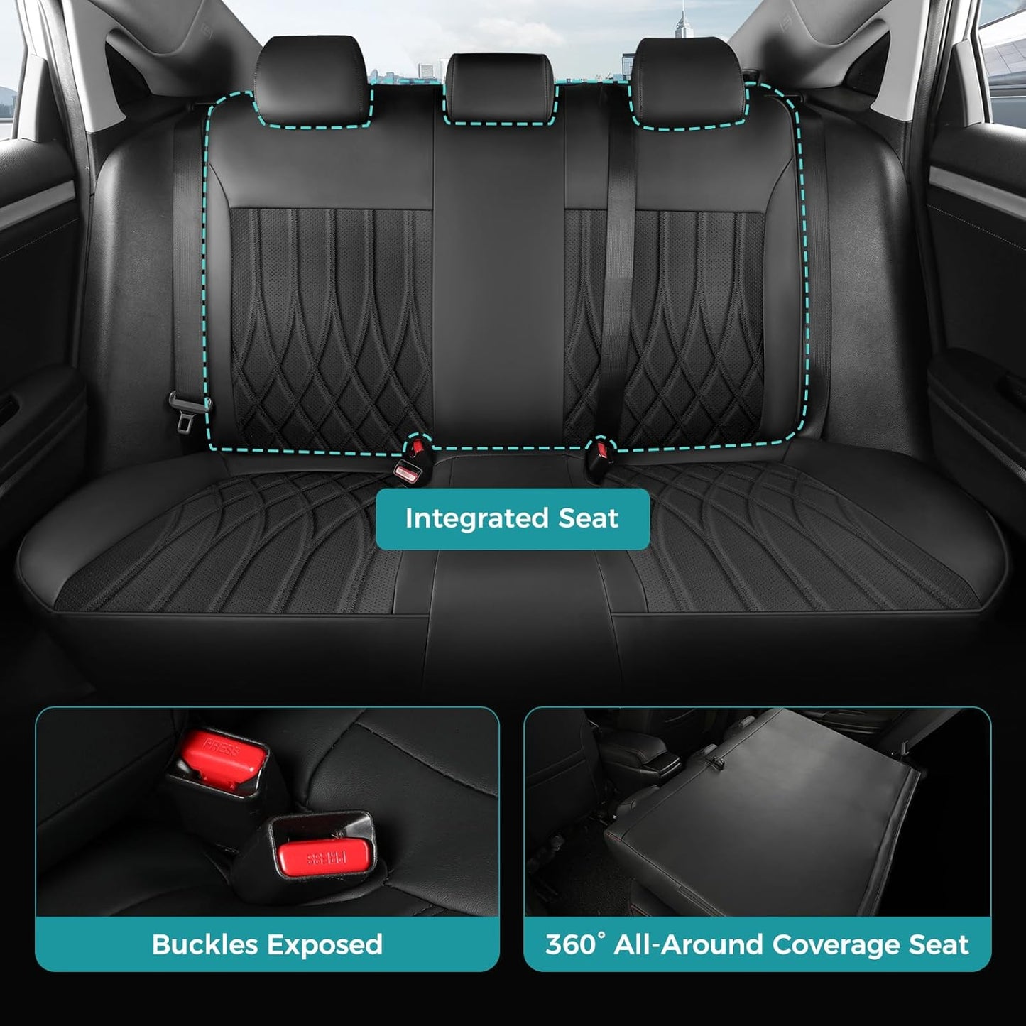 Seat Covers for Honda Civic Sedan LX 2016 2017 2018 2019 2020 2021, Faux Leather Car Seats Cover Full Set (Rear Row Solid & No Folding Backrest)-Black