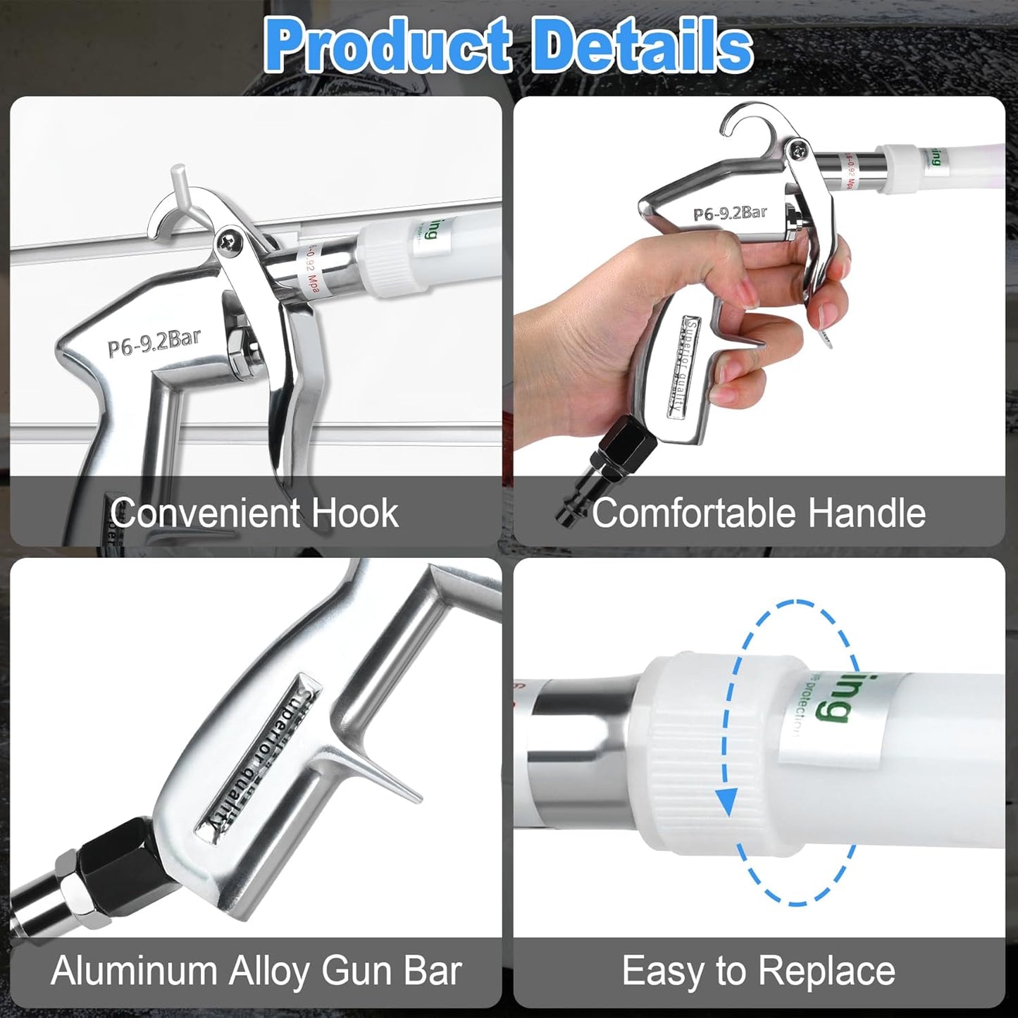 Air Blow Gun Car Detailing Dry Cleaning Air Gun with Tapered Nozzle High Pressure Car Cleaning Tool, Car Dryer Air Blower for Car Surfaces Quickly Blasts Dust, Works with Air Compressor