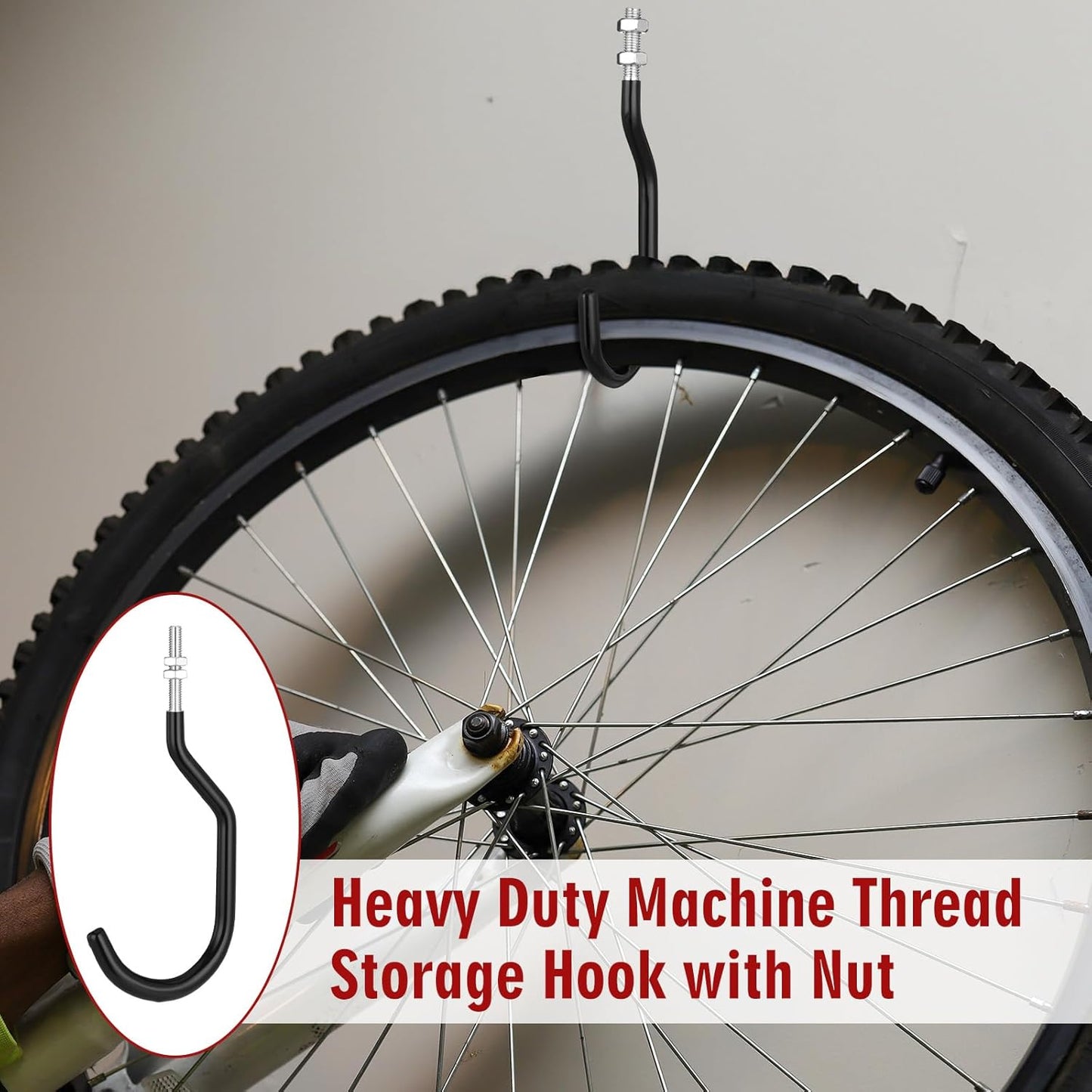 Shimeyao 4 Pcs Machine Thread Bicycle Storage Hook with Nut Heavy Duty Bike Hooks M10 x 1.5 Machine Threading Hook Rubber Coated Bicycle Hanger for Hanging Large Mountain Bike Tire (2.17 Inch,Black)