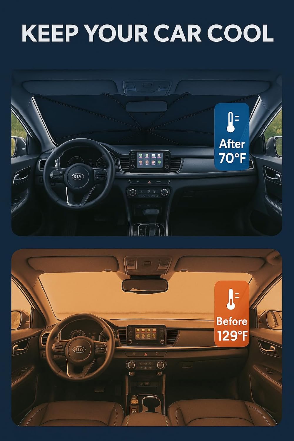 Proadsy Windshield Sun Shade Umbrella for Kia NIRO 2017-2022 Foldable Car Umbrella Sunshade with Soft TPU Handle Spring Structure Crystal Cooling Material Protect Car from Rays & Heat