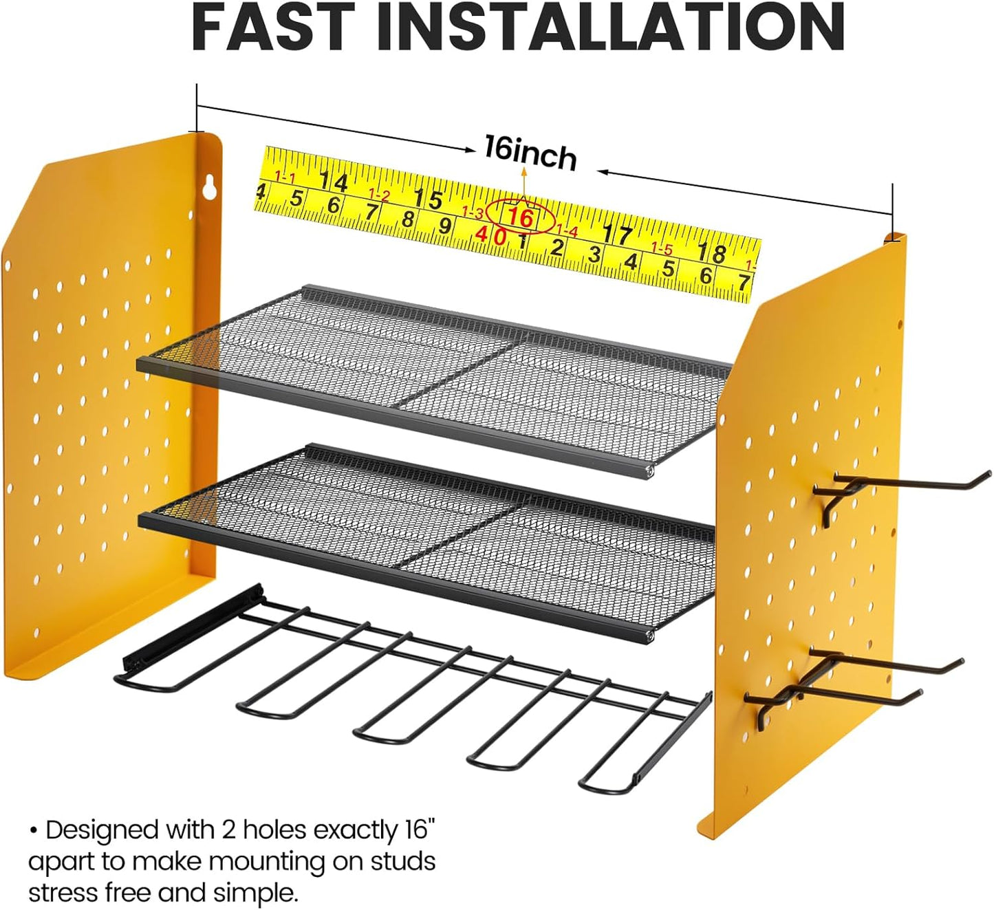 TRZZ Power Tool Organizer Wall Mount, 3-Layer Drill Holder with 2 Side Pegboards, Cordless Drill Rack with 4 Hooks, Efficient Storage for Workshop, Garage, and Tool Room (Yellow)