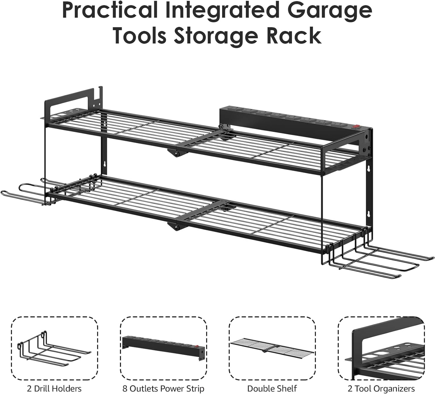 CCCEI Large Garage Tools Storage with Charging Station. Power Tool Battery Organizer Utility Shelf with Power Strip. 4 Drills Holder Wall Mount Rack.