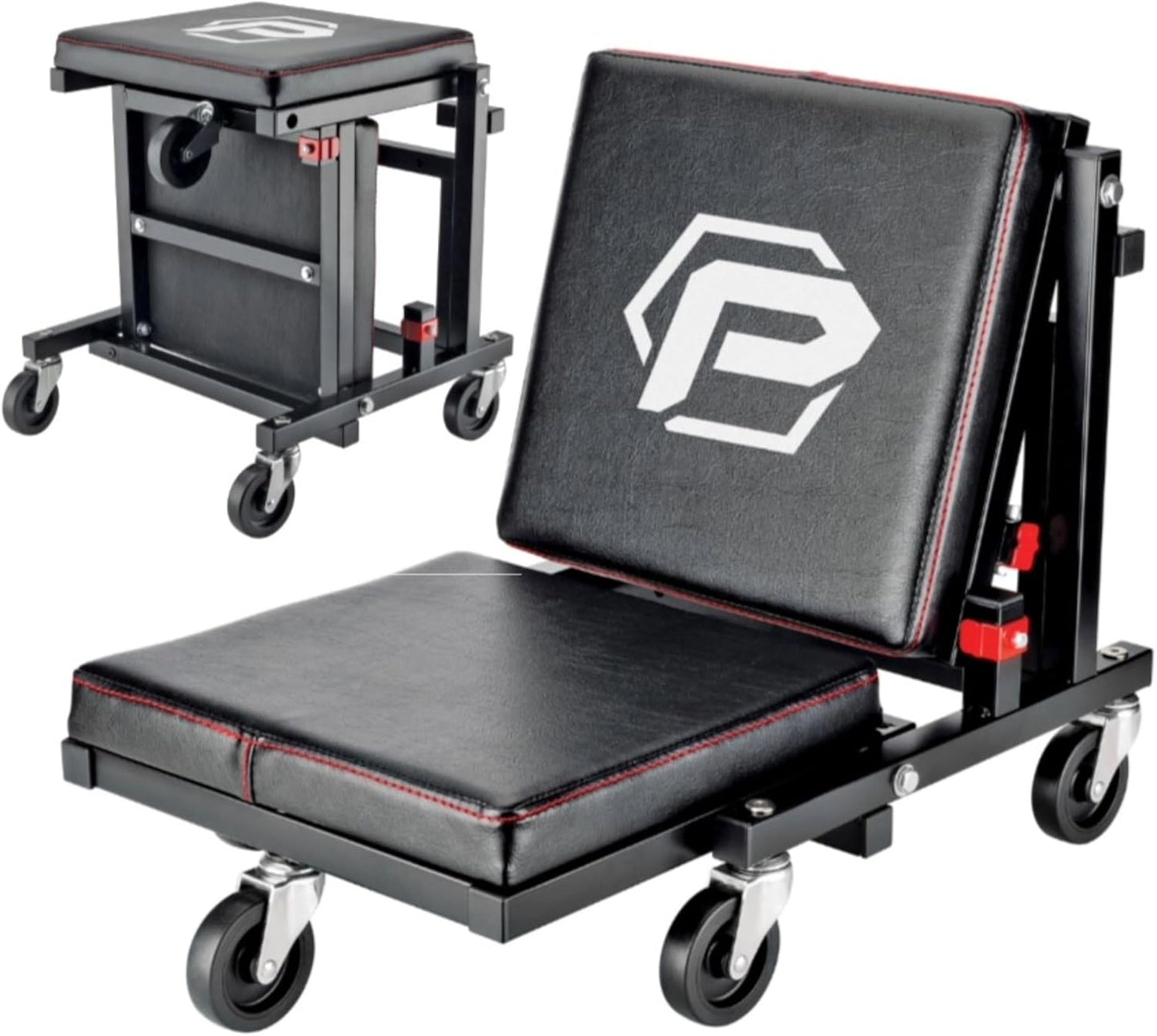 Powerbuilt 2-in-1 Rolling Creeper Seat Converts from High to Low Roller Seat, Fast, Tool-Free Conversion, Garage, Shop, Brake Jobs, Washing, Detailing, Maintenance, Thick Pad, 3-in. Casters - 240298