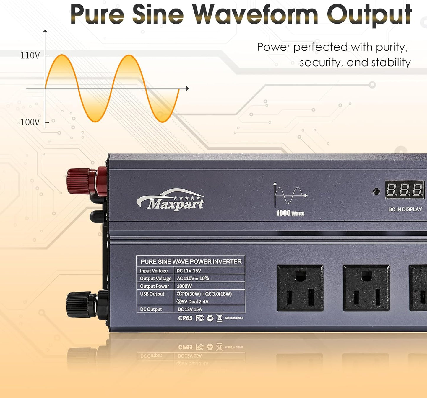 1000W Pure Sine Wave Inverter 12V DC to 120V AC Converter,1000 Watts 12 Volt Car Power Inverter for Home,Camping, RV, Truck, Vehicles, Emergency with Built-in a Type-C, Dual 5.2V/2.4A USB, 3AC Outlets