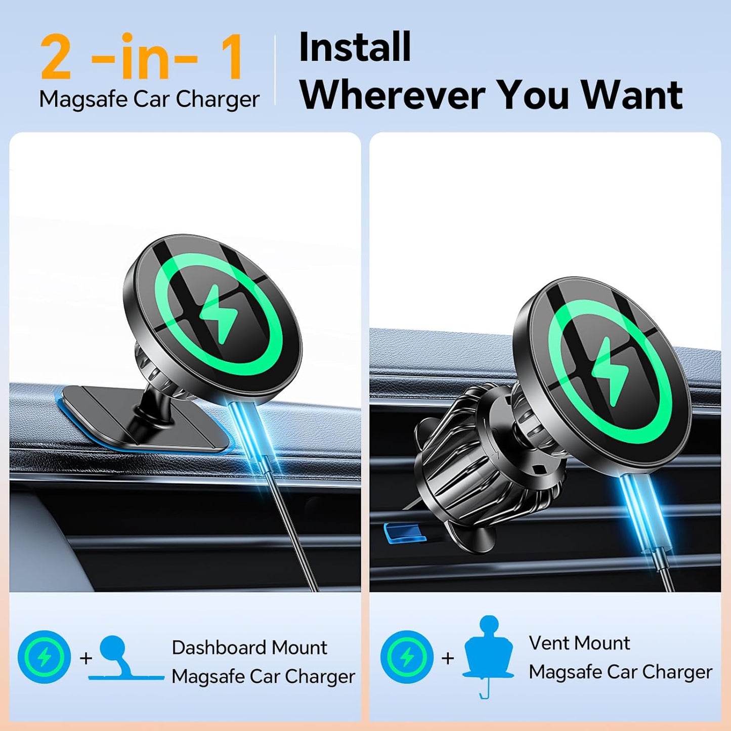 Kaistyle for MagSafe Car Mount Charger【Stronger Magnets】 iPhone Magnetic Wireless Car Charger【Dashboard+Vent】 for Magsafe Charger Cell Phone Car Mount for iPhone 16 Pro Max 15 14 13 12 MagSafe Cases
