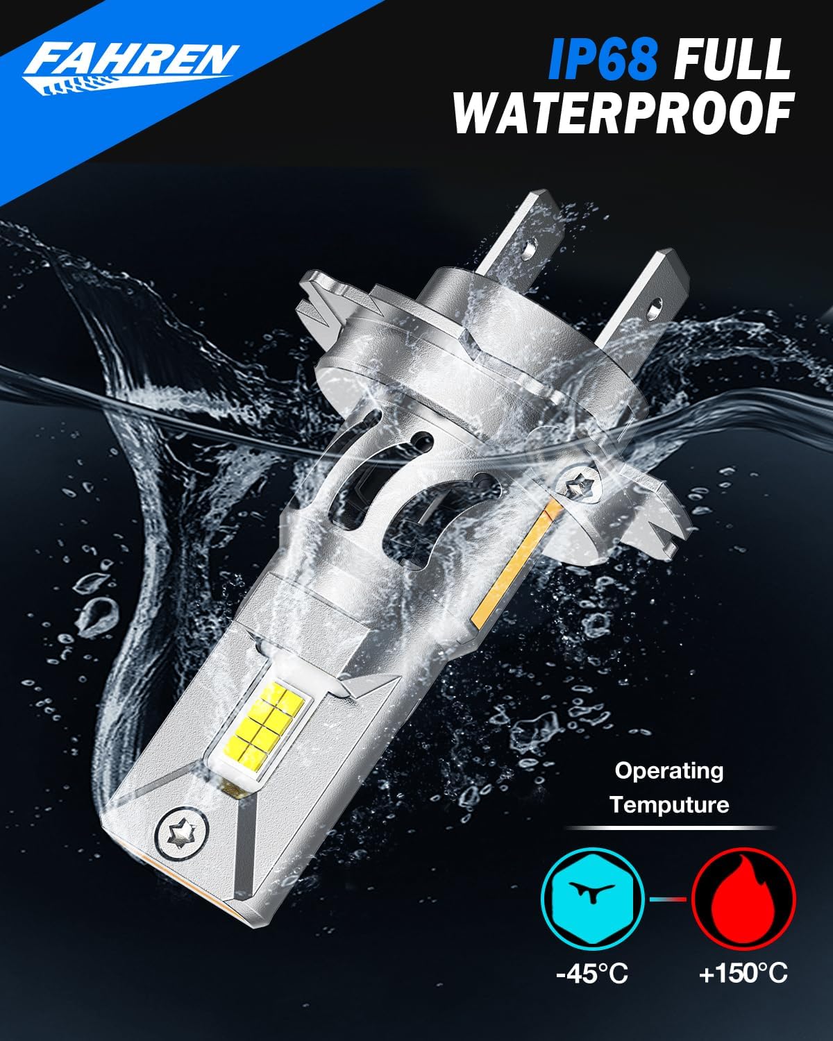 FAHREN H7 LED Light Bulbs, 30,000LM Super Brightness 1:1 Size No Adapter Needed Plug & Play, 6500k White with 16 CSP Chips, Canbus Ready Non-Polarity H7 Fog Bulb with Turbo Fan, IP68 Pack of 2