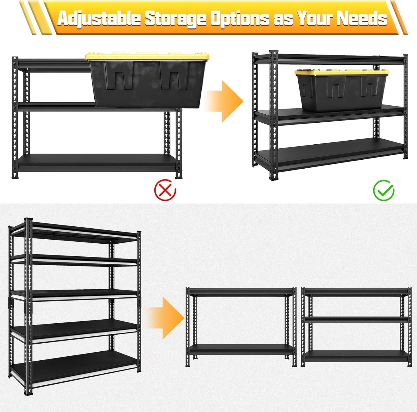 48" W Garage Shelving Heavy Duty, 3000LBS Loads Adjustable Garage Storage Shelves, 5-Tier Metal Shelving Units and Storage Racks, Industrial Utility Shelf,48" Wx24 Dx78 H, Black
