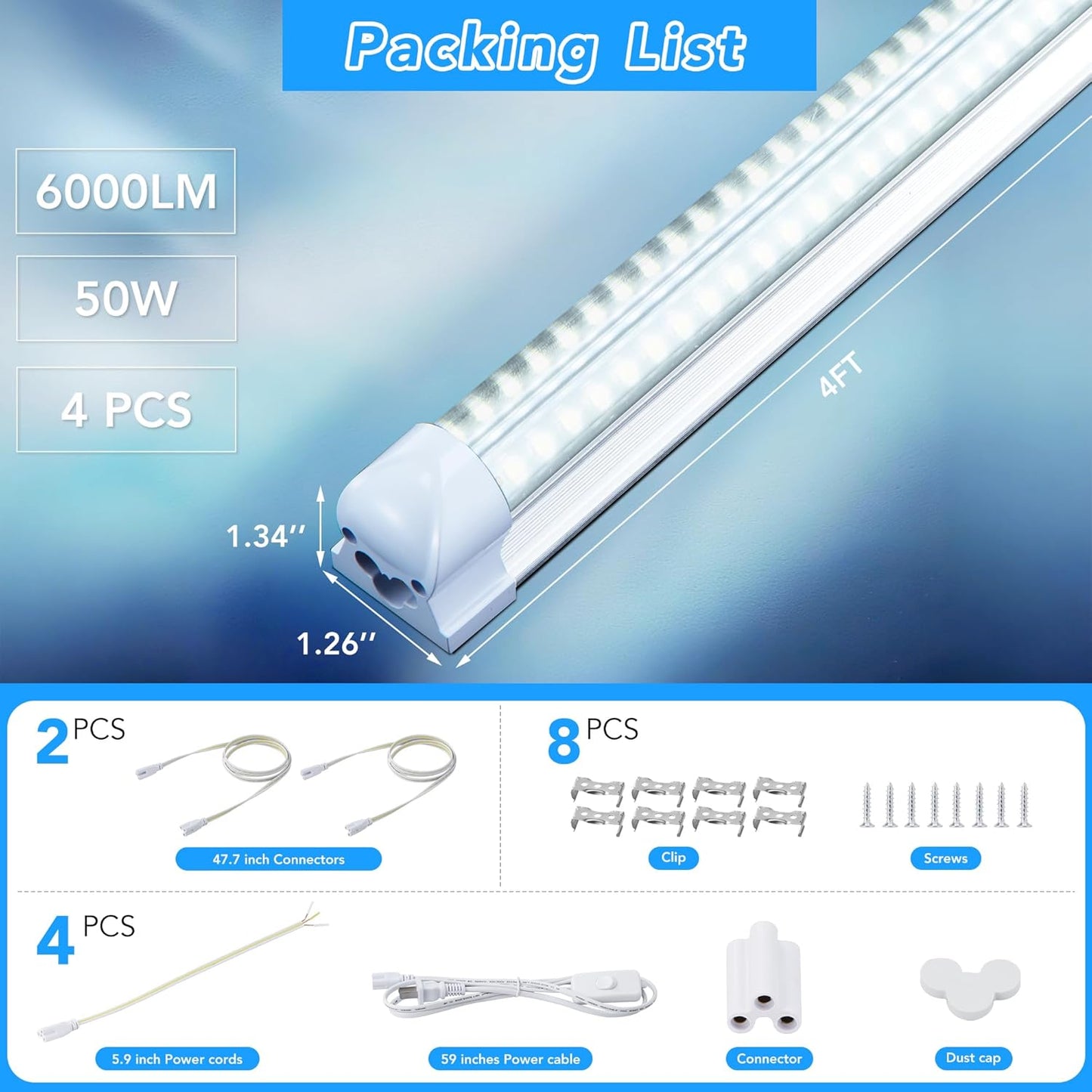 T8 LED Shop Lights 4FT, 4 Pack LED Garage Lights 50W 9600LM 6000K, Linkable Work Light, Plug & Play Energy-Saving Workshop Lighting for Warehouse Basement Classroom(V2)