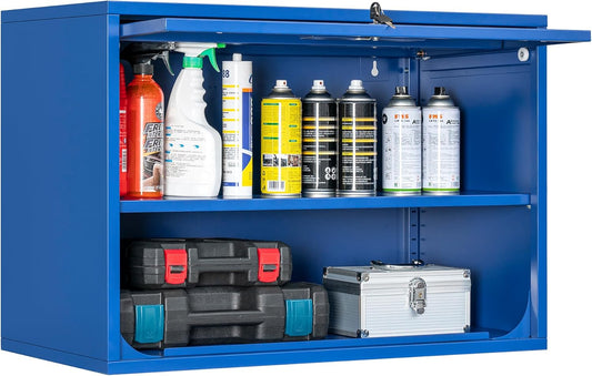 Metal Storage Cabinet Blue Wall Cabinets with Shelf and Locking Door - Wall Mounted Storage Cabinet for Garage Warehouse Home Office - Assembly Required