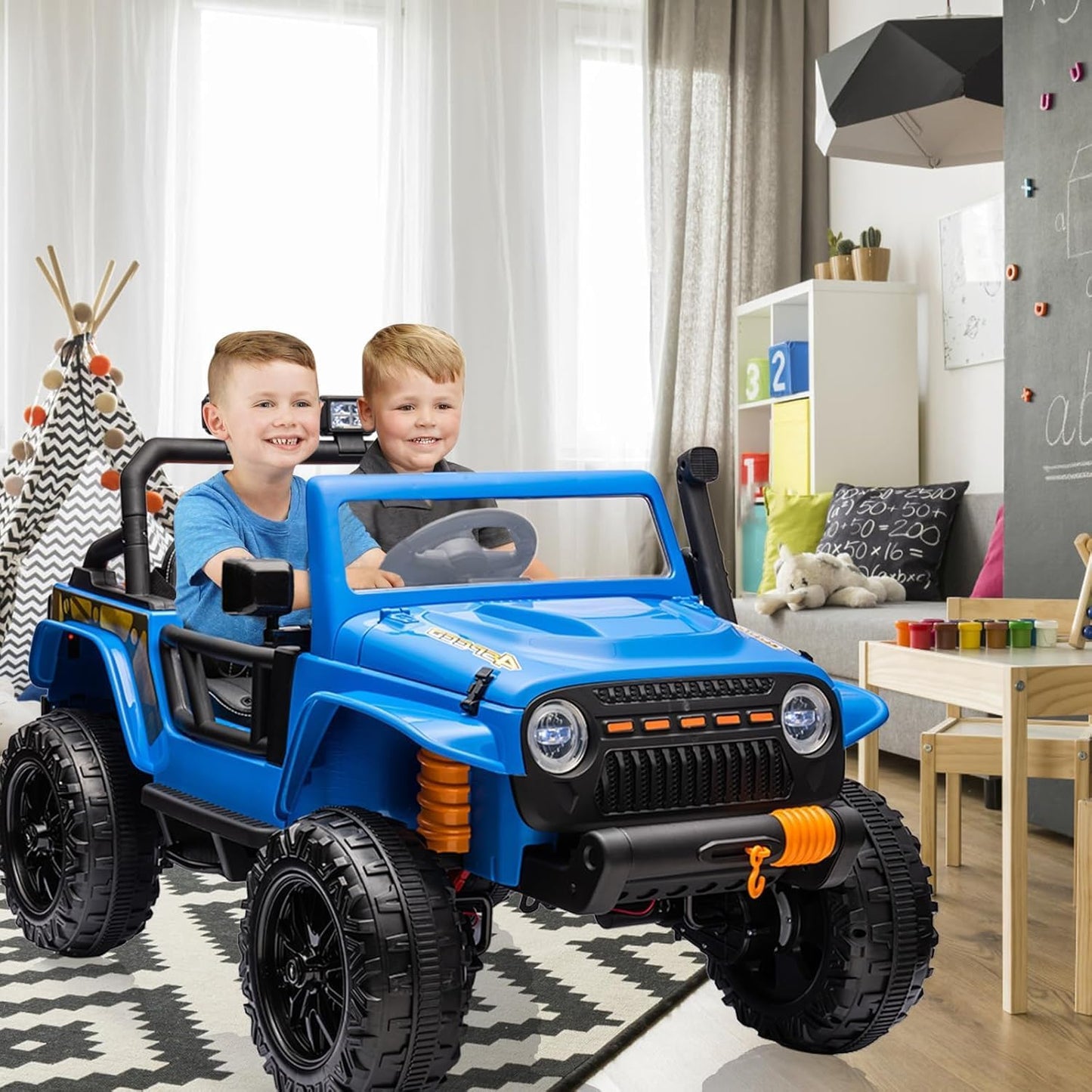 Hetoy 24V 2 Seater Ride On Car for Kids, Electric Truck with Remote Control, Ride on Truck w/ 4-Wheeler Suspension, 4x55W Powerful Engine, 4WD Battery Powered, LED Lights, Soft Braking(Blue)