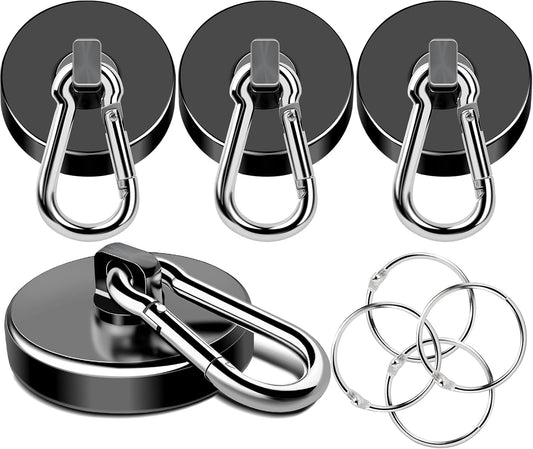 MIKEDE Strong Magnetic Hooks Heavy Duty, 200LBS+ Black Swivel Neodymium Magnets with Carabiner Hook, Hooks for Hanging, Curtain - 4 Pack