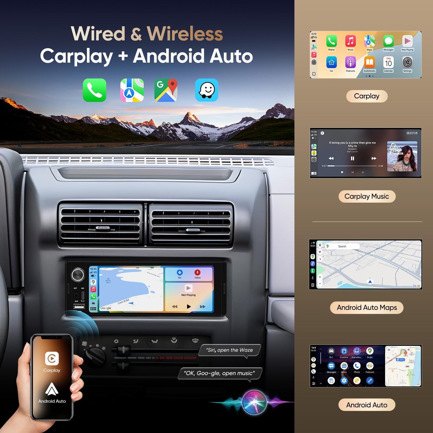 6.36" Single DIN Car Stereo - Wireless CarPlay & Android Auto | Linux System HD IPS Touchscreen Radio | Bluetooth 5.0 | USB-C/USB/FM/AM | EQ Controls | Microphone Included