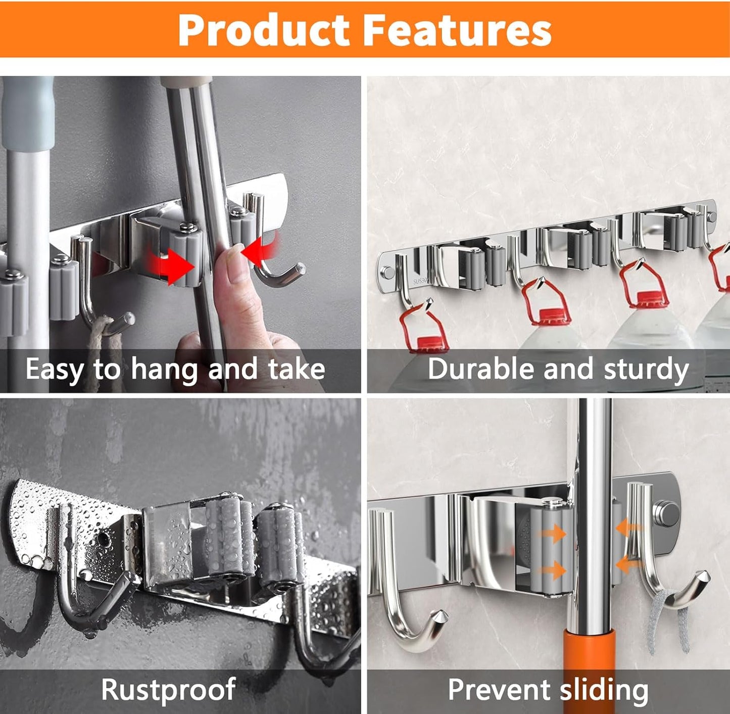 Mop and Broom Holder Wall Mount, Upgraded Broom Organizer Wall Mount, Stainless Steel Broom Hanger Wall Mount for Home Kitchen Garden Laundry Garage (4 Racks with 5 Hooks Silver)