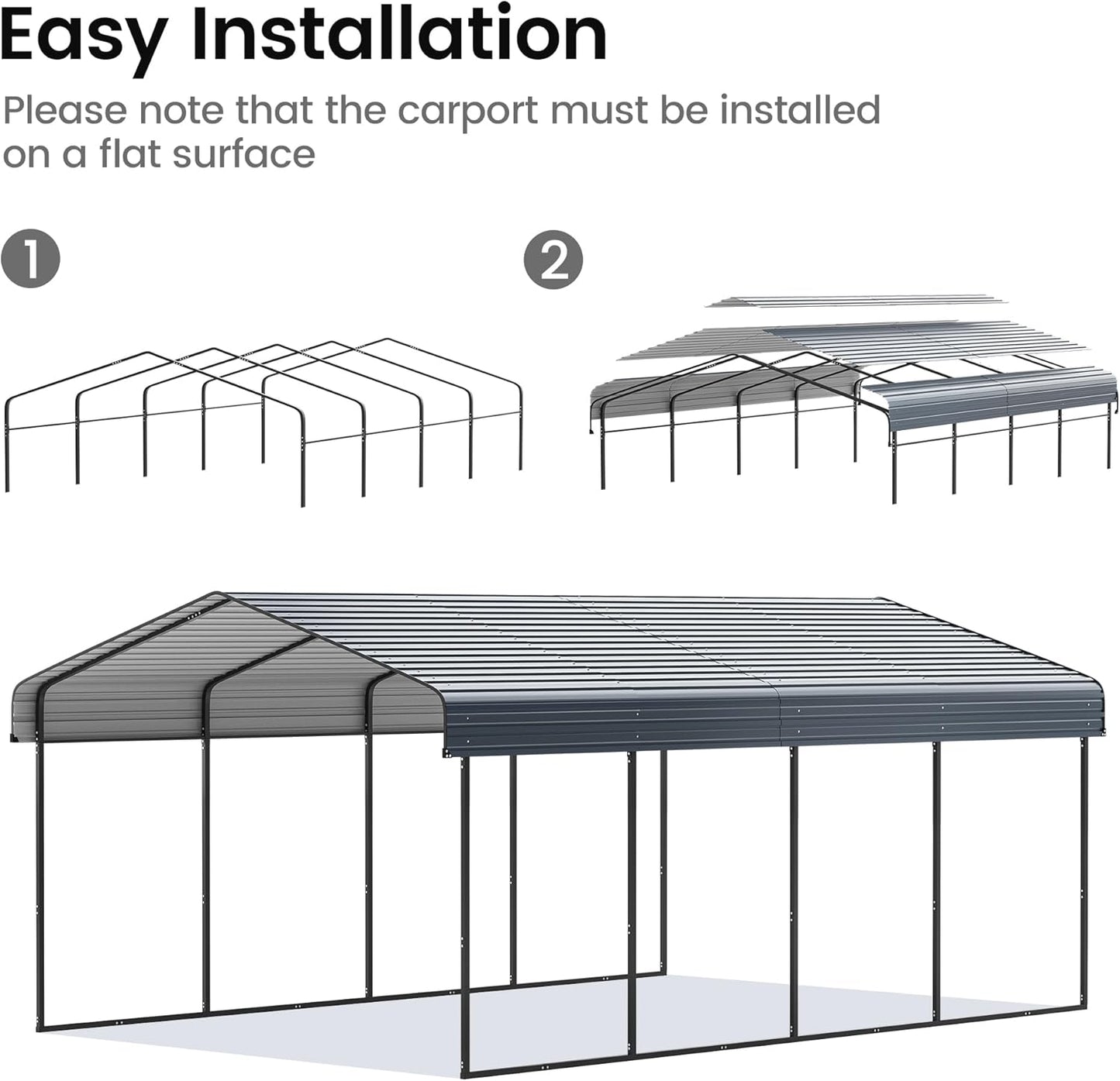 12'x20' Heavy Duty Metal Carport, Outdoor Garage Car Shelter Shade with Heavier Frame, Galvanized Roof for Car and Boats, Grey