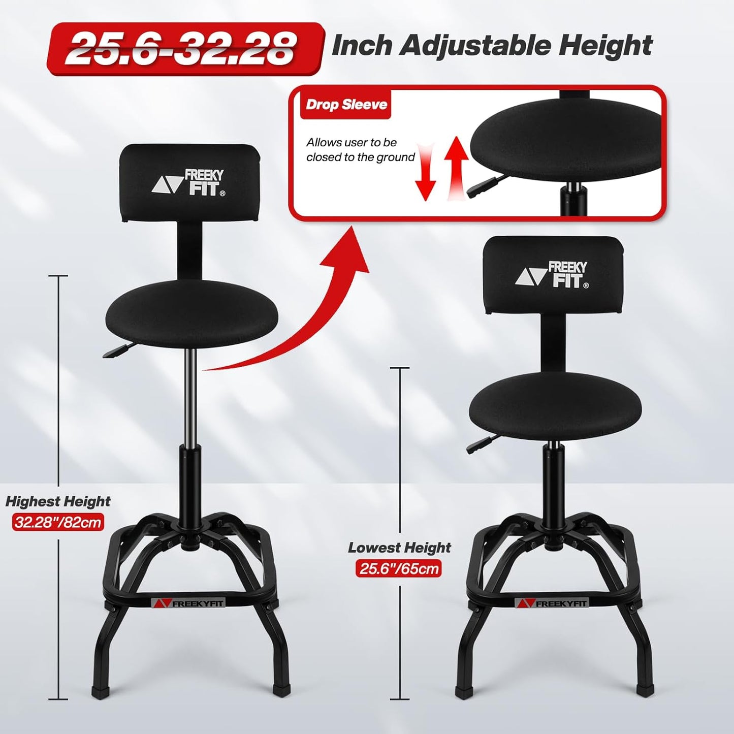 Shop Stool with Backrest, Mechanic Garage Stool for Workshop, Adjustable Shop Stools Chair, Padded Workbench Stools for Men Women, 300 LBS Capacity, 360° Swivel PVC Seat, Heavy Duty, Black