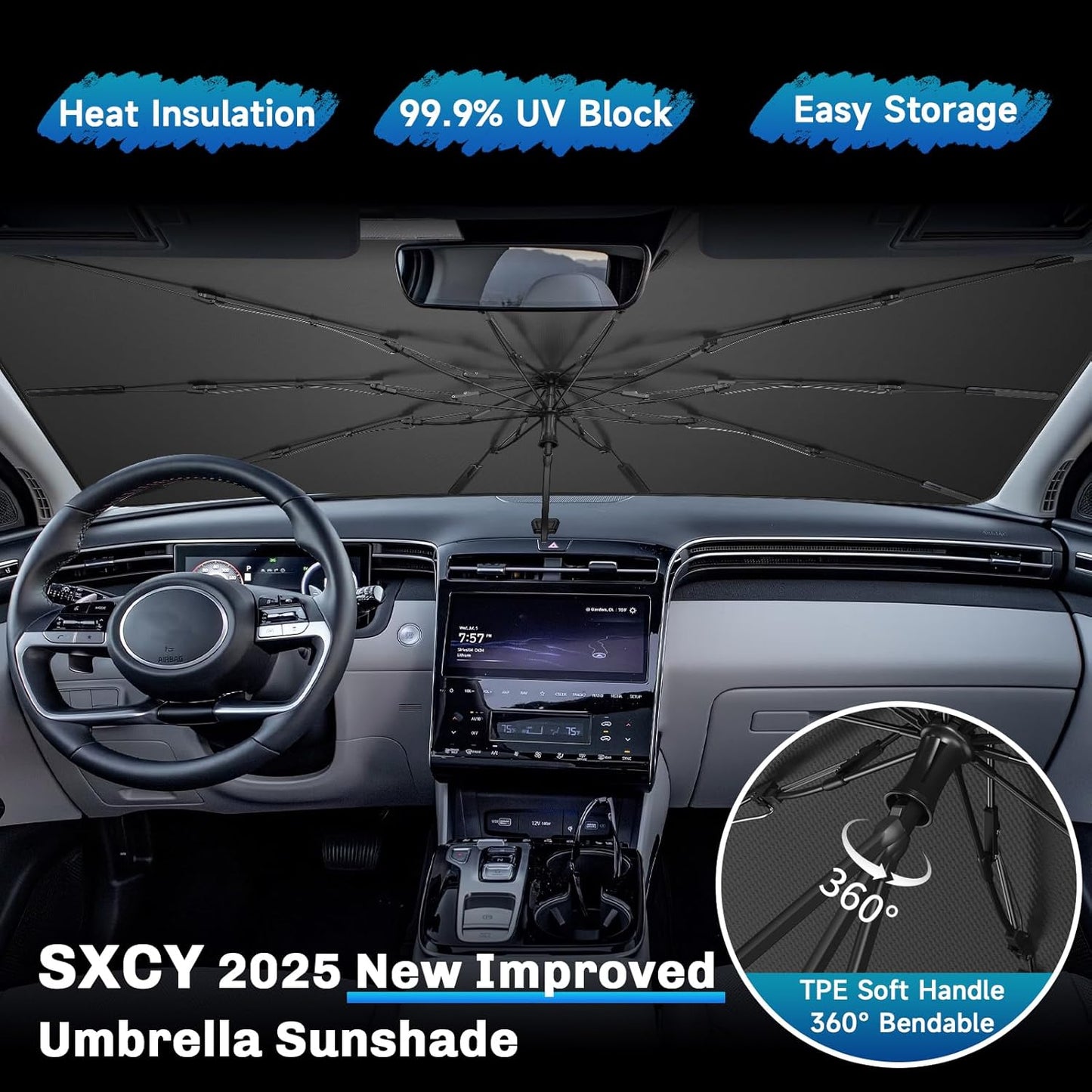 SXCY for 2022-2024 2025 Hyundai Tucson Windshield Umbrella Sunshade [Easier Foldable] for 2024 2025 Hyundai Tucson Accessories 2025 Tucson Sunshade Umbrella 2025 Tucson Windshield Umbrella Sun Shade