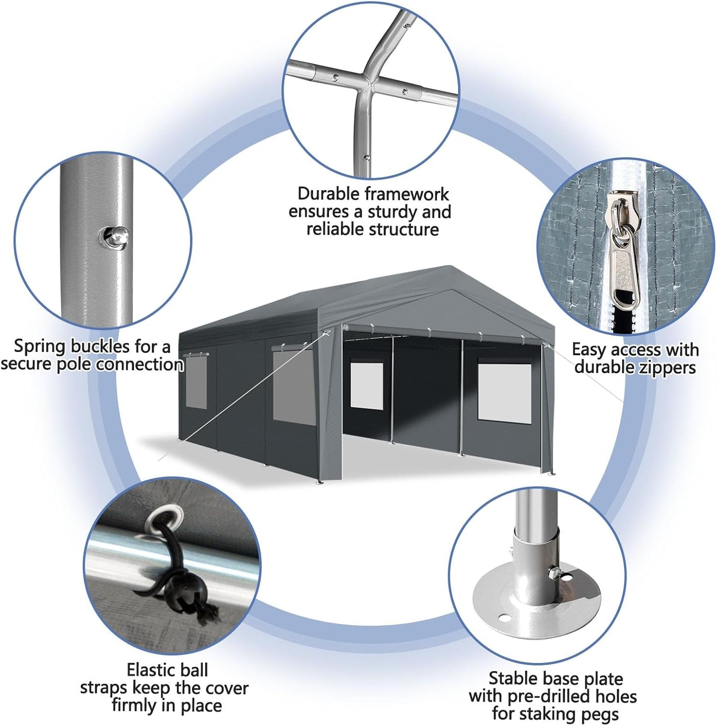 VINGLI 10x20 Carport Canopy Portable Garage with Roll-up Windows & Removable Sidewalls, Car Canopy Heavy Duty Car Tent for SUV, Boats, RVs, Trucks